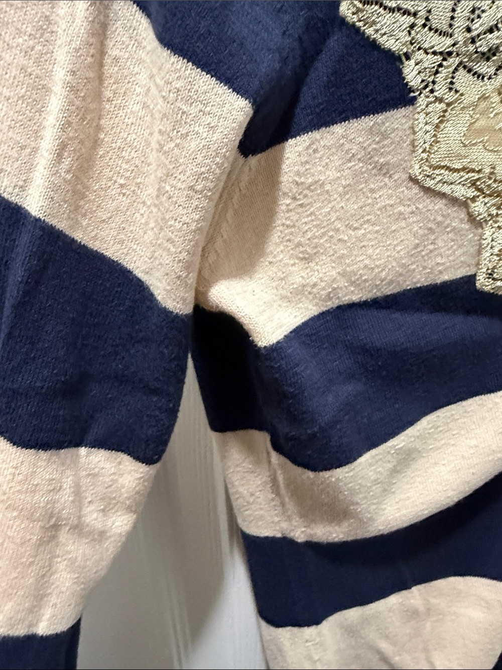 Anthropologie Charlotte - Striped Navy and Cream Lace-Trim Cardigan Sweater - Picture 4 of 5